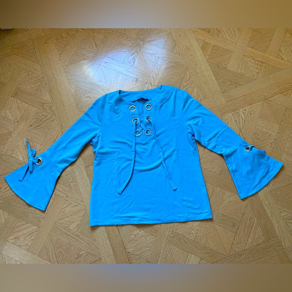 INC soft baby blue lace up tunic sweater with bell sleeves